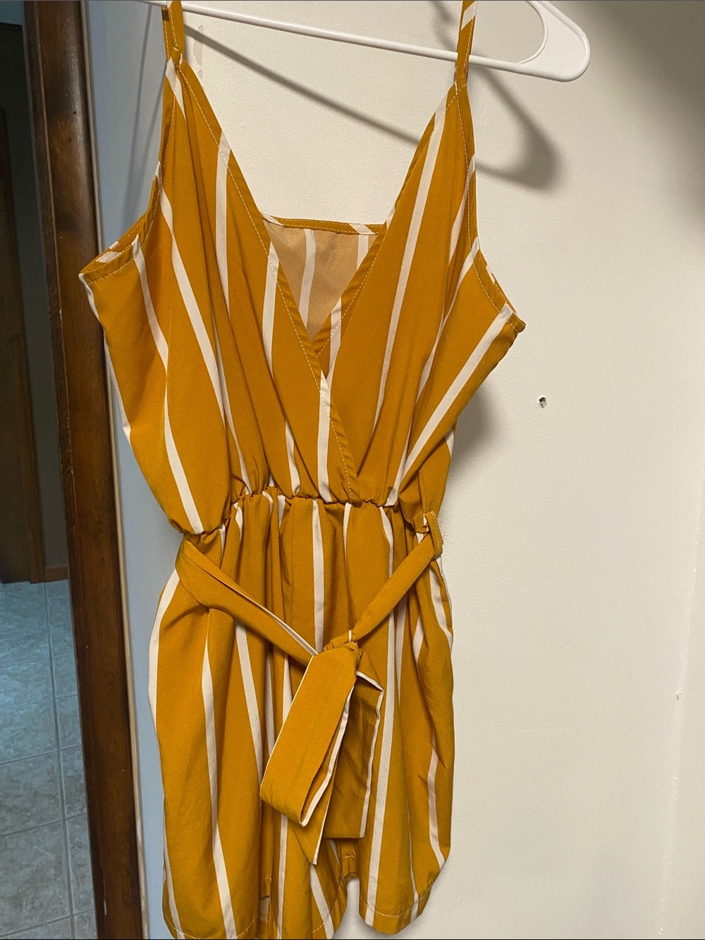 Striped Mustard Yellow Romper with Self-Tie Belt